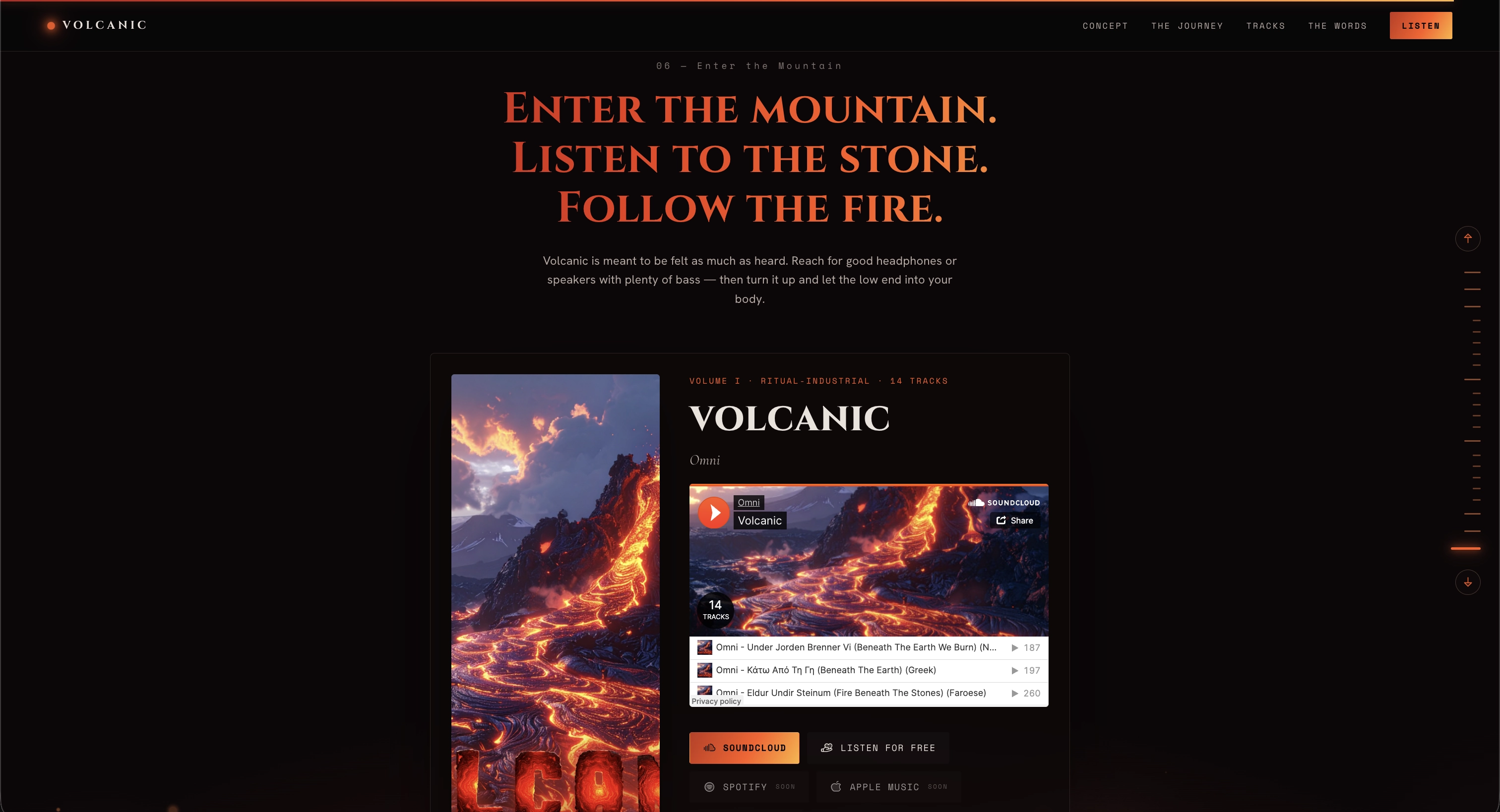 VOLCANIC credits and listen module