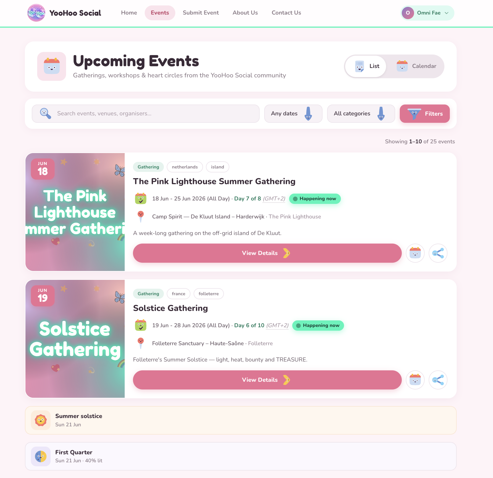YooHoo Social event list view