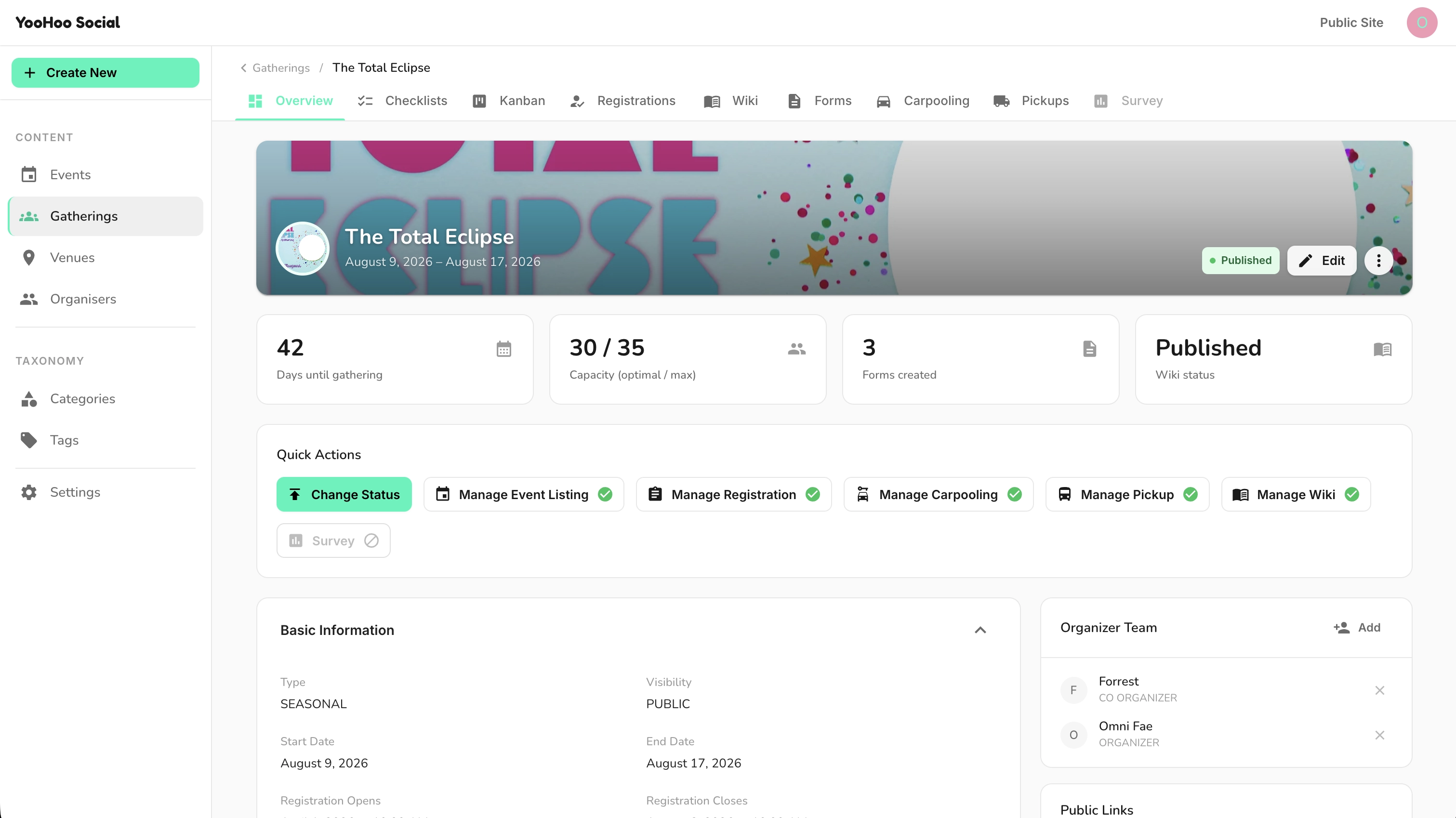 YooHoo Social gathering organiser dashboard